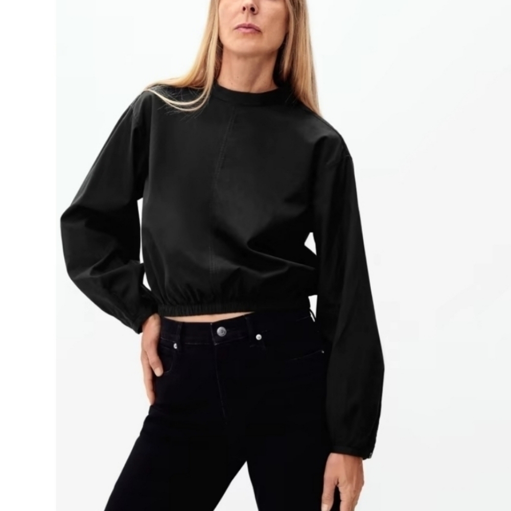 Everlane NWT Black Crop The Mock Neck Bubble Top Cotton Long Sleeve Top